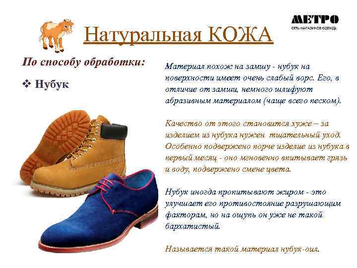 Натуральная КОЖА По способу обработки: v Нубук Материал похож на замшу нубук на поверхности