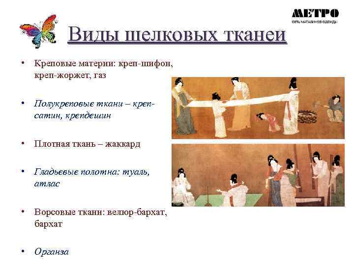 Виды шелковых тканей • Креповые материи: креп-шифон, креп-жоржет, газ • Полукреповые ткани – креп