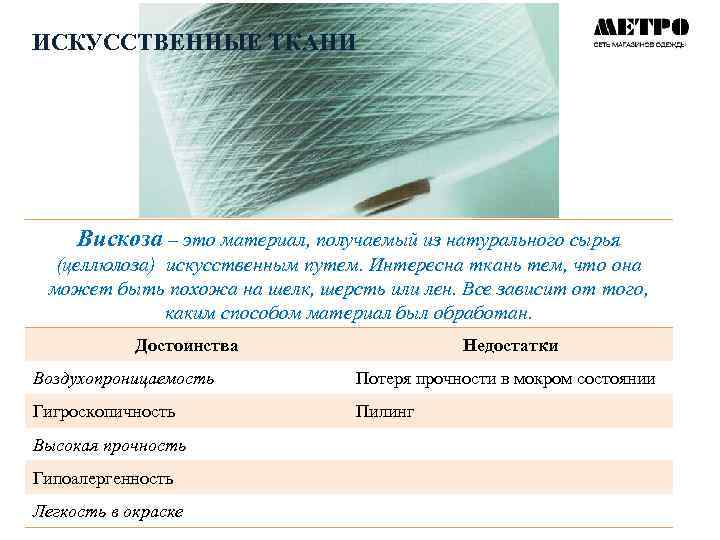 ИСКУССТВЕННЫЕ ТКАНИ Вискоза – это материал, получаемый из натурального сырья (целлюлоза) искусственным путем. Интересна