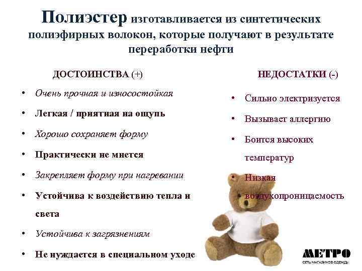 Полиэстер изготавливается из синтетических полиэфирных волокон, которые получают в результате переработки нефти ДОСТОИНСТВА (+)