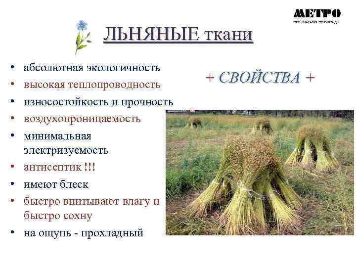 ЛЬНЯНЫЕ ткани • • • абсолютная экологичность высокая теплопроводность износостойкость и прочность воздухопроницаемость минимальная