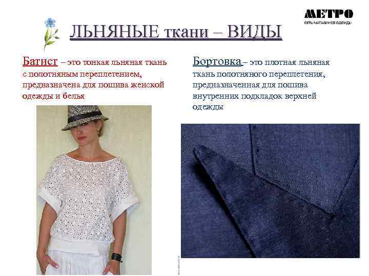 ЛЬНЯНЫЕ ткани – ВИДЫ Батист – это тонкая льняная ткань Бортовка – это плотная