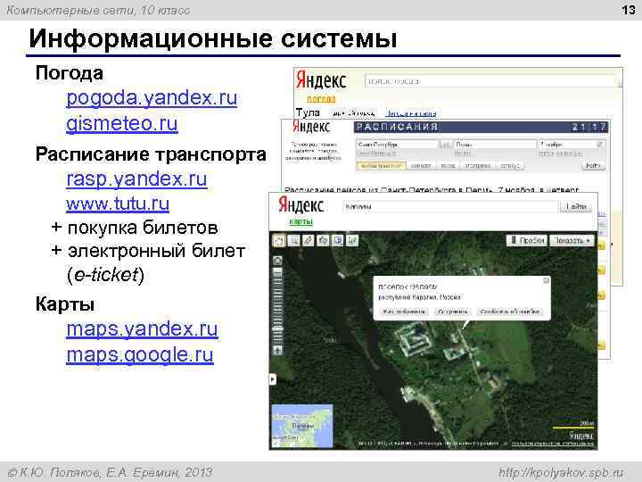 Компьютерные сети, 10 класс 13 Информационные системы Погода pogoda. yandex. ru gismeteo. ru Расписание