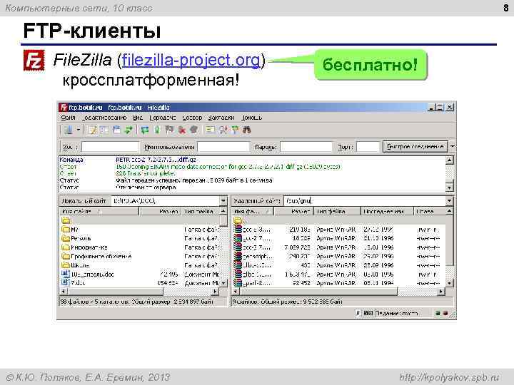 8 Компьютерные сети, 10 класс FTP-клиенты File. Zilla (filezilla-project. org) кроссплатформенная! К. Ю. Поляков,