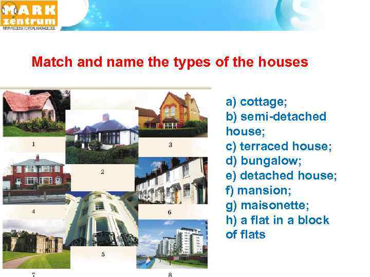 Match and name the types of the houses a) cottage; b) semi-detached house; c)
