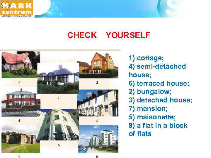 CHECK YOURSELF 1) cottage; 4) semi-detached house; 6) terraced house; 2) bungalow; 3) detached