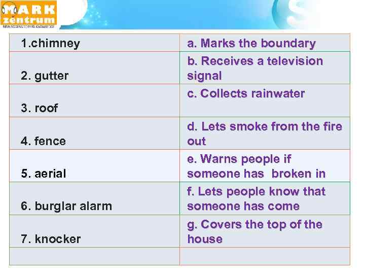  1. chimney 2. gutter a. Marks the boundary b. Receives a television signal