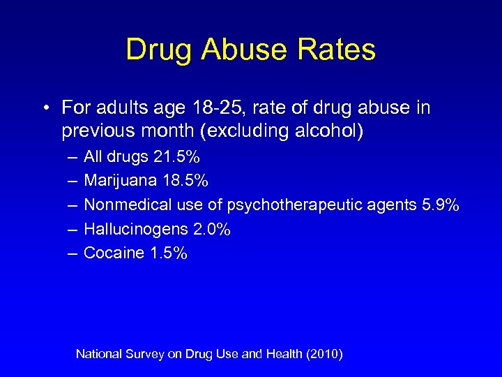 Drug Abuse Rates • For adults age 18 -25, rate of drug abuse in