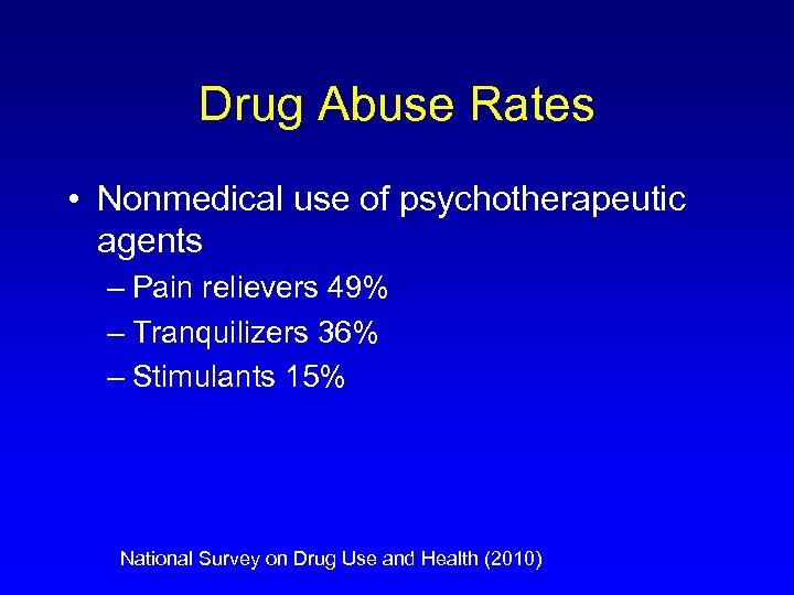 Drug Abuse Rates • Nonmedical use of psychotherapeutic agents – Pain relievers 49% –