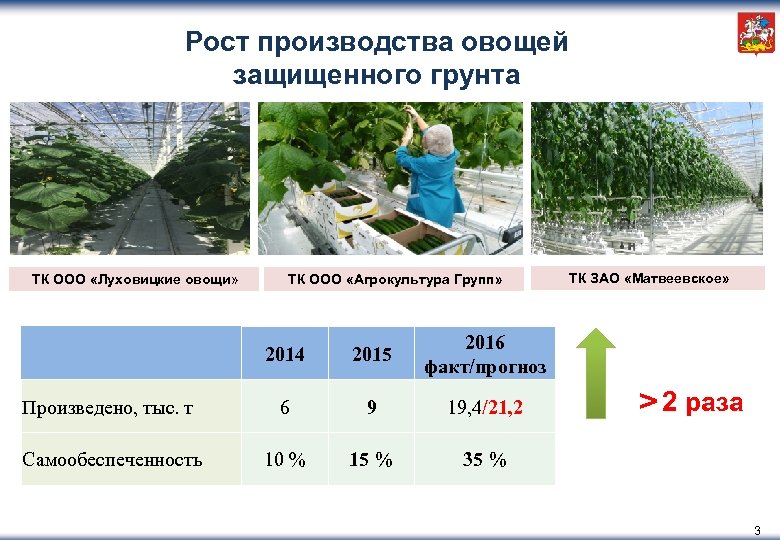 Рост производства овощей защищенного грунта ТК ООО «Луховицкие овощи» ТК ООО «Агрокультура Групп» 2015