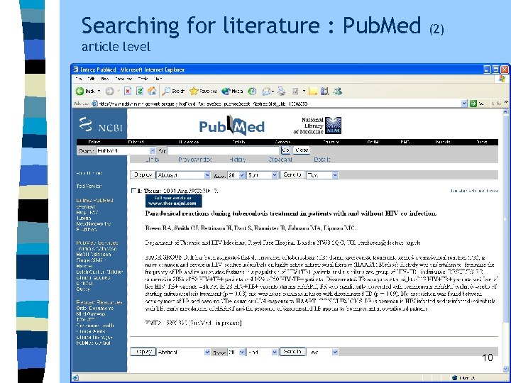 Searching for literature : Pub. Med (2) article level 10 