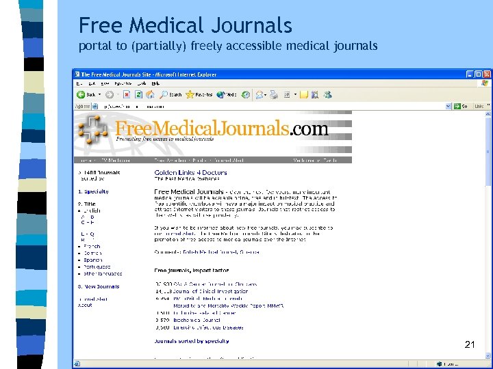 Free Medical Journals portal to (partially) freely accessible medical journals 21 