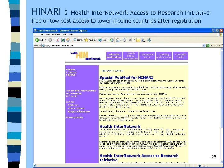 HINARI : Health Inter. Network Access to Research Initiative free or low cost access