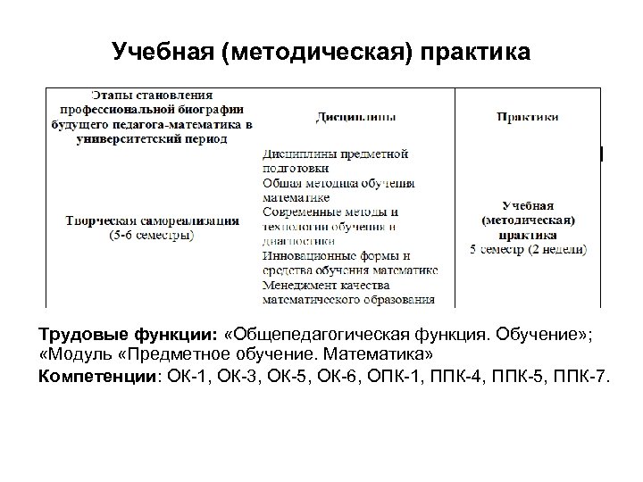Учебная (методическая) практика Трудовые функции: «Общепедагогическая функция. Обучение» ; «Модуль «Предметное обучение. Математика» Компетенции: