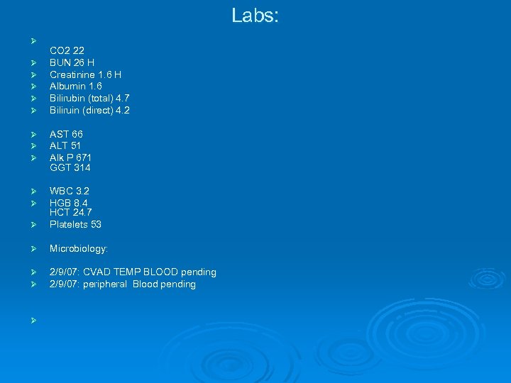 Labs: Ø Ø Ø CO 2 22 BUN 26 H Creatinine 1. 6 H
