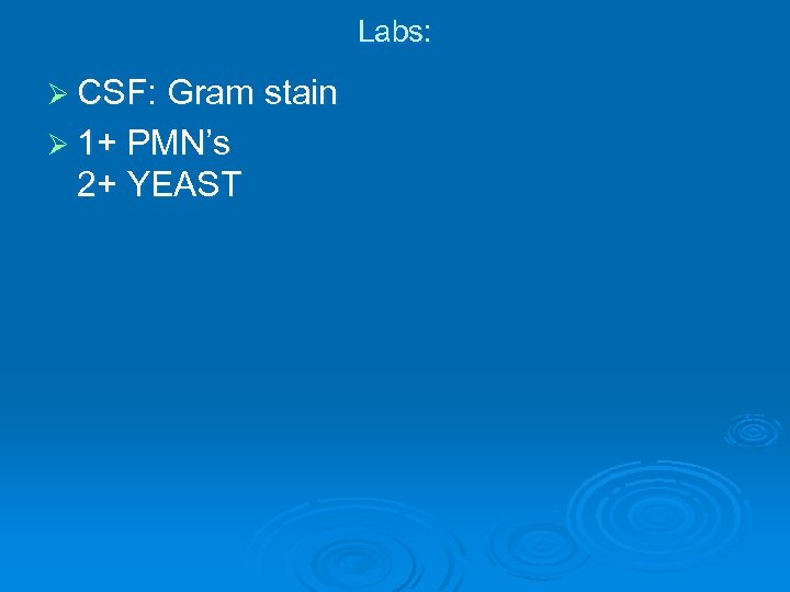 Labs: Ø CSF: Gram stain Ø 1+ PMN’s 2+ YEAST 