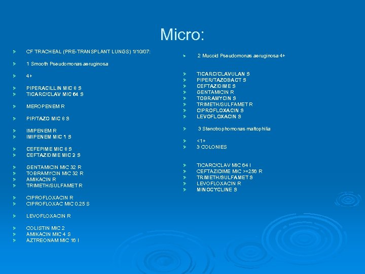 Micro: Ø CF TRACHEAL (PRE-TRANSPLANT LUNGS) 1/10/07: Ø 1 Smooth Pseudomonas aeruginosa Ø 4+