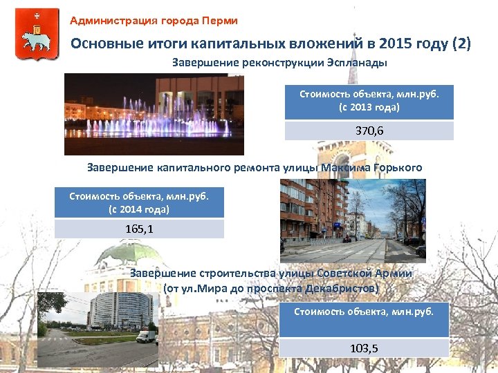 Администрация города Перми Основные итоги капитальных вложений в 2015 году (2) Завершение реконструкции Эспланады