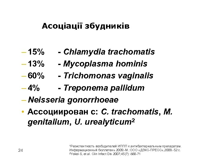 Асоціації збудників – 15% - Chlamydia trachomatis – 13% - Mycoplasma hominis – 60%