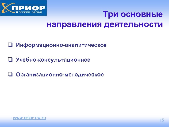 Три основные направления деятельности q Информационно-аналитическое q Учебно-консультационное q Организационно-методическое www. prior. nw. ru