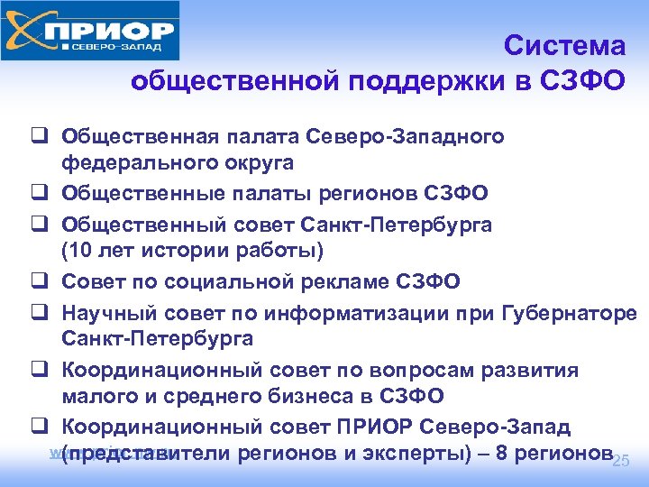 Система общественной поддержки в СЗФО q Общественная палата Северо-Западного федерального округа q Общественные палаты