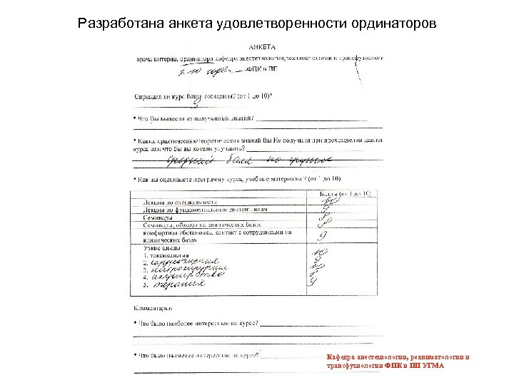 Разработана анкета удовлетворенности ординаторов Кафедра анестезиологии, реаниматологии и трансфузиологии ФПК и ПП УГМА 