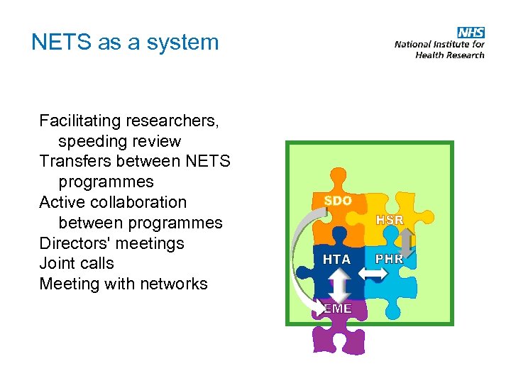 NETS as a system Facilitating researchers, speeding review Transfers between NETS programmes Active collaboration