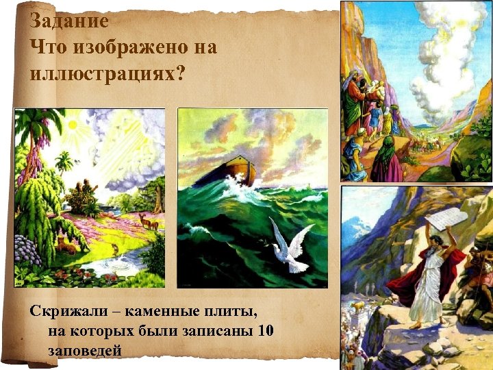 Задание Что изображено на иллюстрациях? Скрижали – каменные плиты, на которых были записаны 10