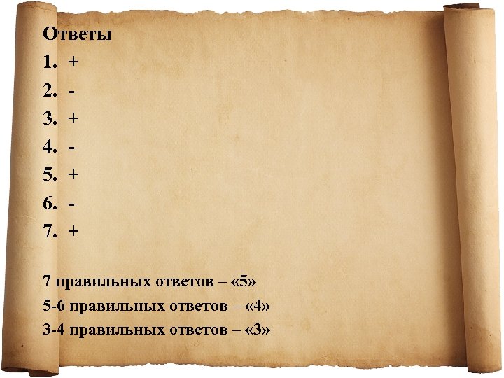 Ответы 1. + 2. 3. + 4. 5. + 6. 7. + 7 правильных