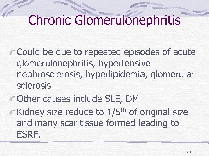Chronic Glomerulonephritis Could be due to repeated episodes of acute glomerulonephritis, hypertensive nephrosclerosis, hyperlipidemia,