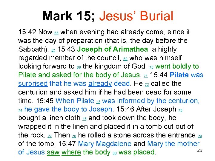 Mark 15; Jesus’ Burial 15: 42 Now 66 when evening had already come, since