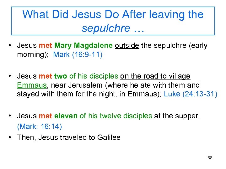 What Did Jesus Do After leaving the sepulchre … • Jesus met Mary Magdalene