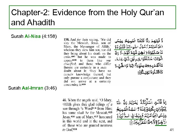 Chapter-2: Evidence from the Holy Qur’an and Ahadith Surah Al-Nisa (4: 158) Surah Aal-Imran