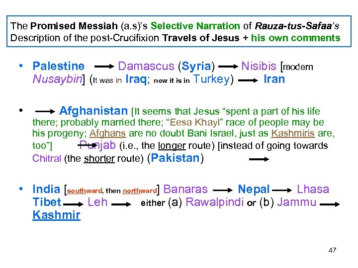 The Promised Messiah (a. s)’s Selective Narration of Rauza-tus-Safaa’s Description of the post-Crucifixion Travels