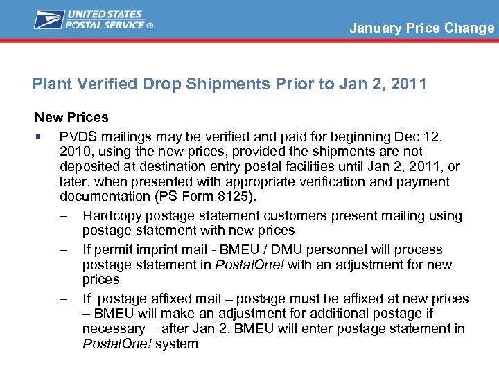 January Price Change Plant Verified Drop Shipments Prior to Jan 2, 2011 New Prices