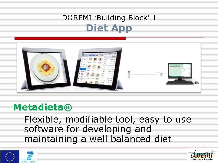 DOREMI ‘Building Block’ 1 Diet App Metadieta® Flexible, modifiable tool, easy to use software