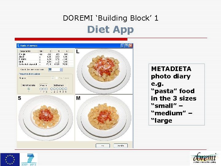 DOREMI ‘Building Block’ 1 Diet App METADIETA photo diary e. g. “pasta” food in
