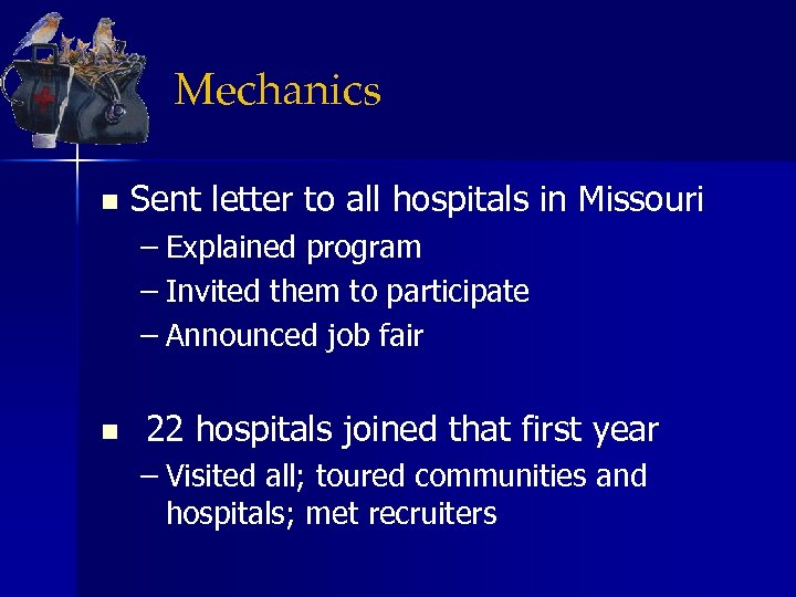 Mechanics n Sent letter to all hospitals in Missouri – Explained program – Invited