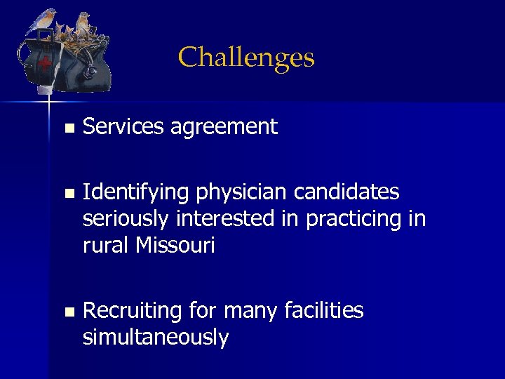 Challenges n Services agreement n Identifying physician candidates seriously interested in practicing in rural