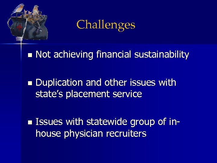 Challenges n Not achieving financial sustainability n Duplication and other issues with state’s placement