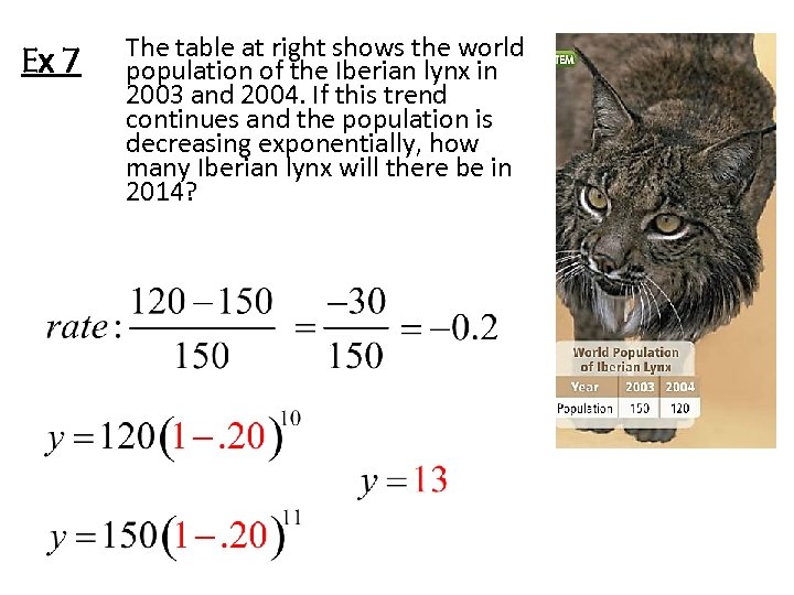 Ex 7 The table at right shows the world population of the Iberian lynx