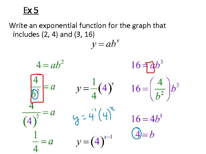 Ex 5 Write an exponential function for the graph that includes (2, 4) and
