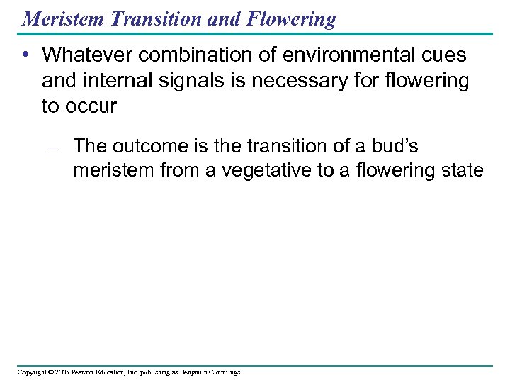 Meristem Transition and Flowering • Whatever combination of environmental cues and internal signals is