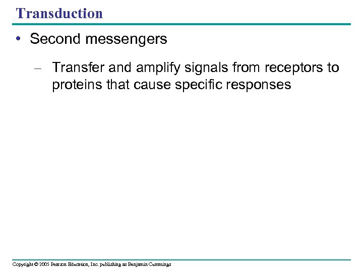 Transduction • Second messengers – Transfer and amplify signals from receptors to proteins that