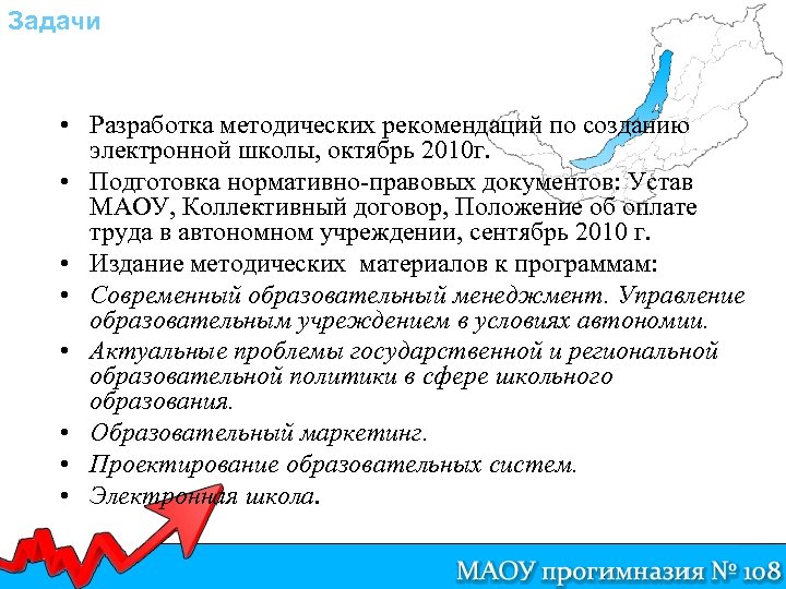 Задачи • Разработка методических рекомендаций по созданию электронной школы, октябрь 2010 г. • Подготовка