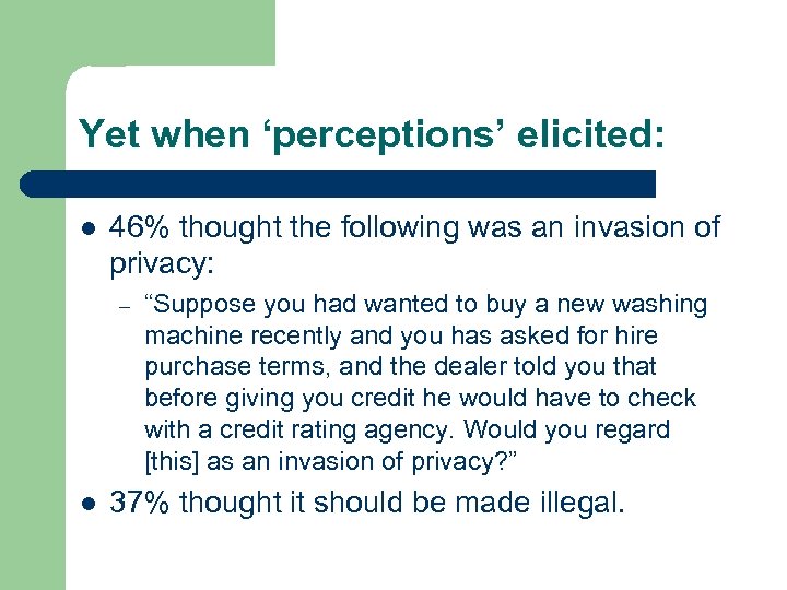 Yet when ‘perceptions’ elicited: l 46% thought the following was an invasion of privacy: