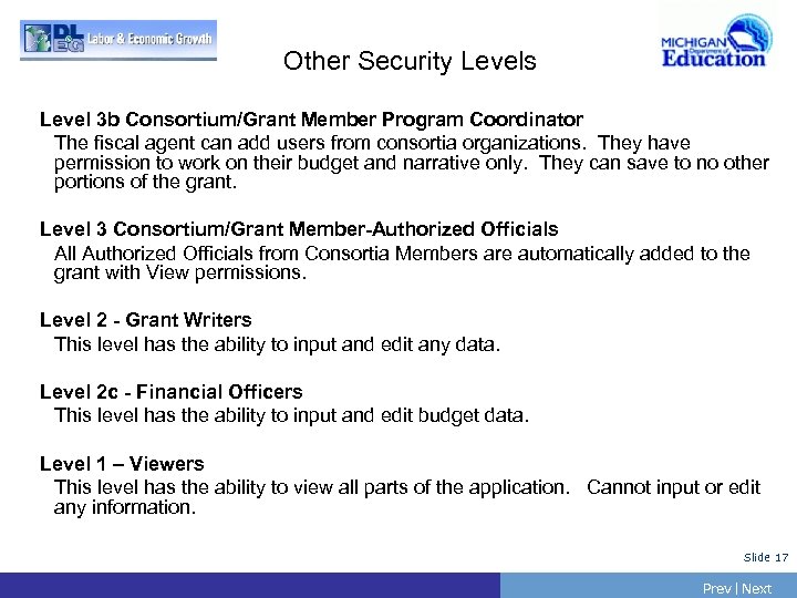 Other Security Levels Level 3 b Consortium/Grant Member Program Coordinator The fiscal agent can
