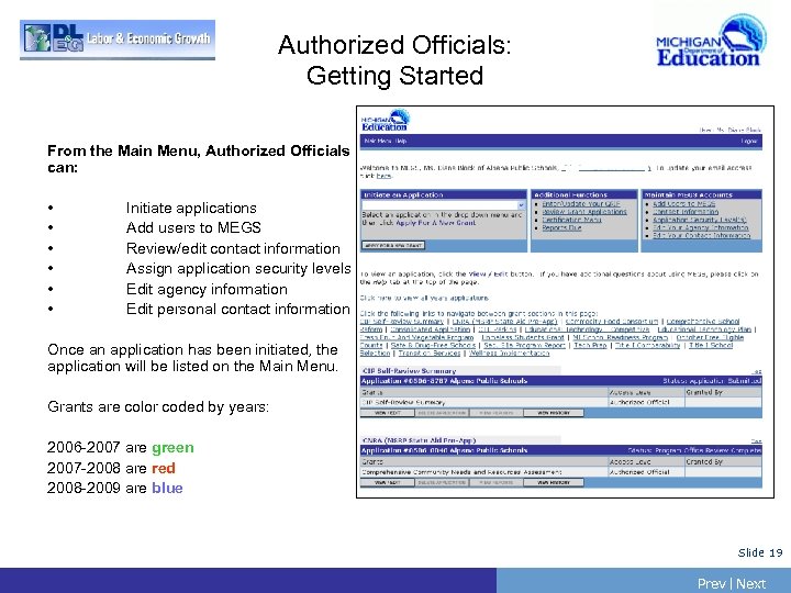 Authorized Officials: Getting Started From the Main Menu, Authorized Officials can: • • •