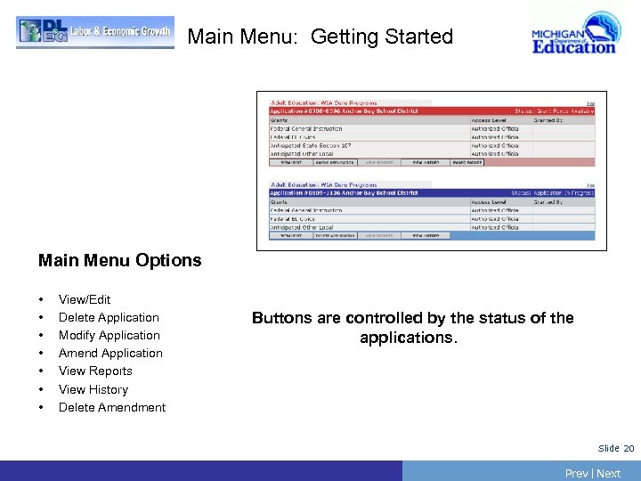 Main Menu: Getting Started Main Menu Options • • View/Edit Delete Application Modify Application