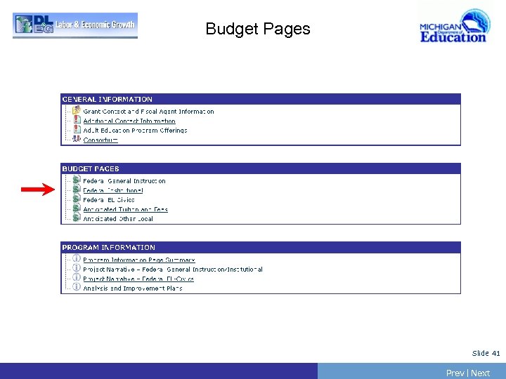 Budget Pages Slide 41 Prev | Next 